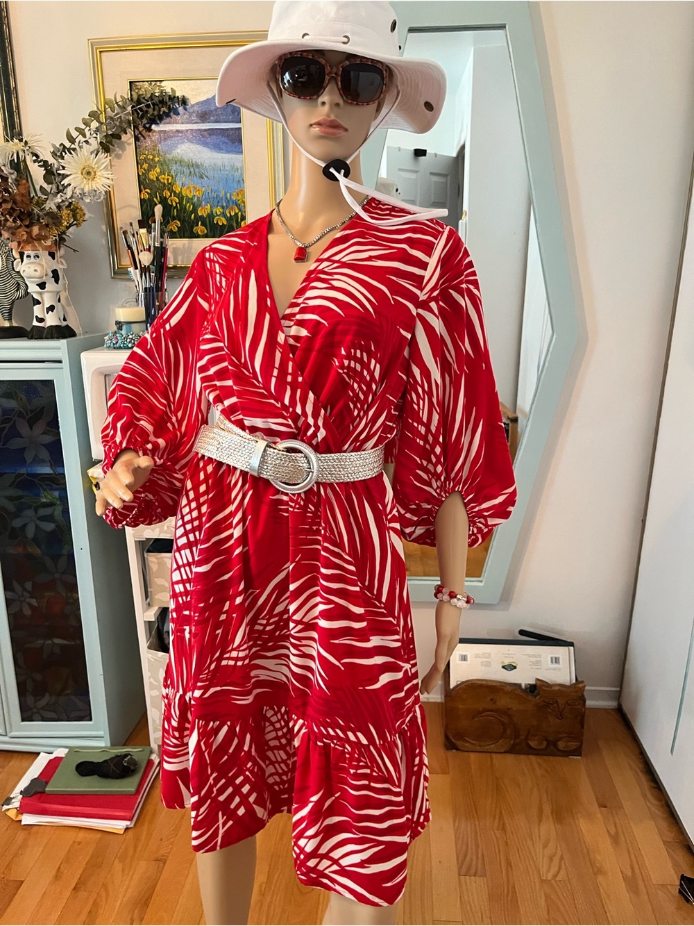 Joseph Ribkoff Red and White Palm-Print Midi Dress - Picture 3 of 11